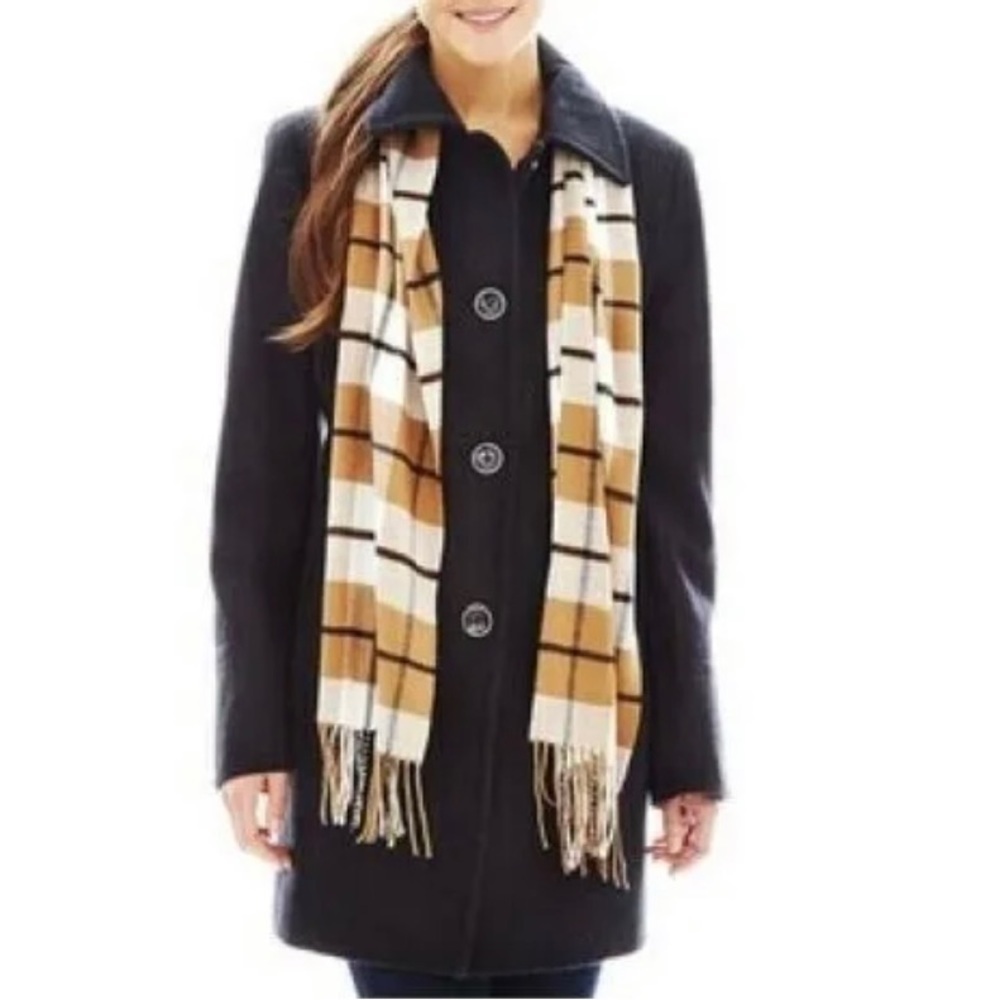 ST JOHN'S BAY Pea Coat Above Knee Charcoal Gray Coordinating Scarf Womens Size L
